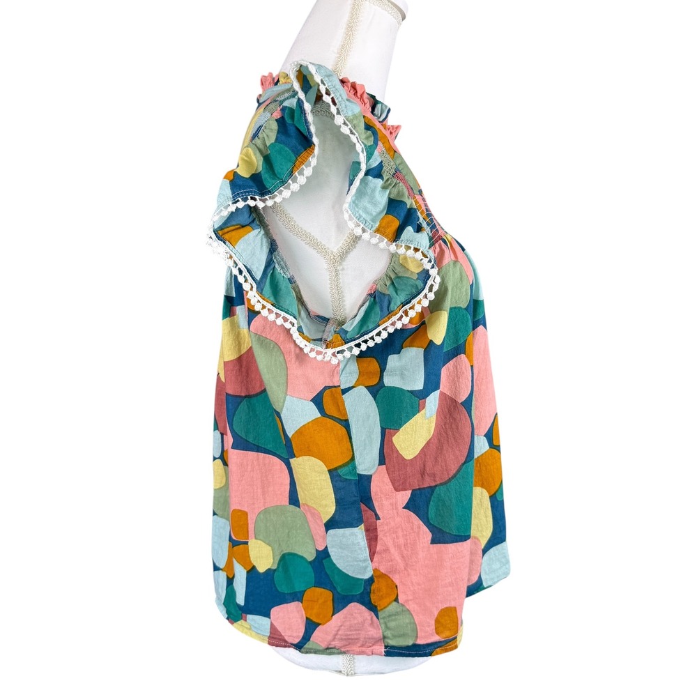 THML Abstract Geometric Flutter Sleeve Smocked Top Pom Pom Trim SRT1522-2-BL M - Picture 2 of 11